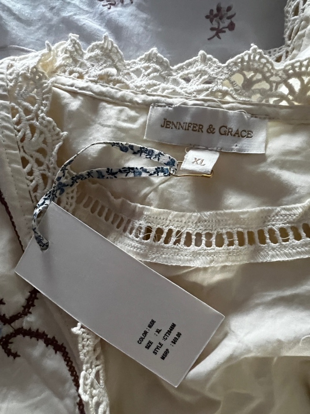 Embroidered Lace-Trim Cream Blouse - Picture 12 of 12